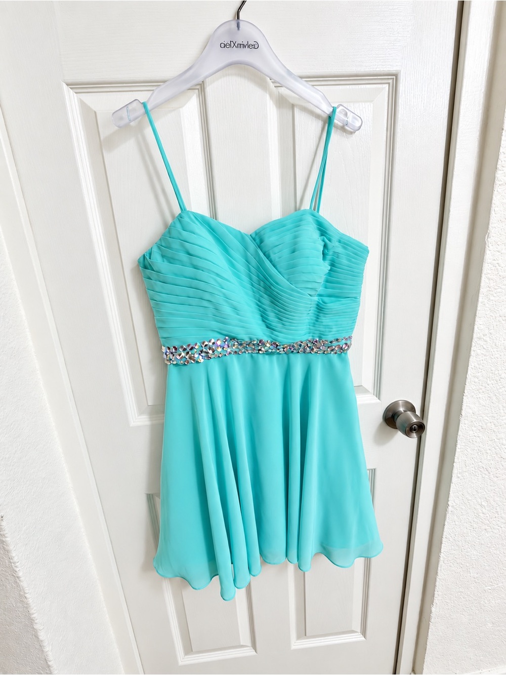 Girls Aqua Spaghetti-Strap Chiffon Party Dress with Beaded Waist